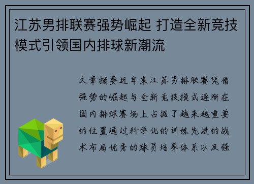 江苏男排联赛强势崛起 打造全新竞技模式引领国内排球新潮流