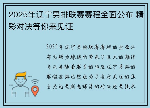 2025年辽宁男排联赛赛程全面公布 精彩对决等你来见证