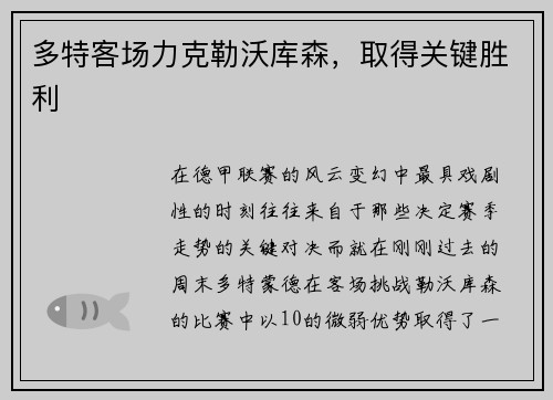 多特客场力克勒沃库森，取得关键胜利